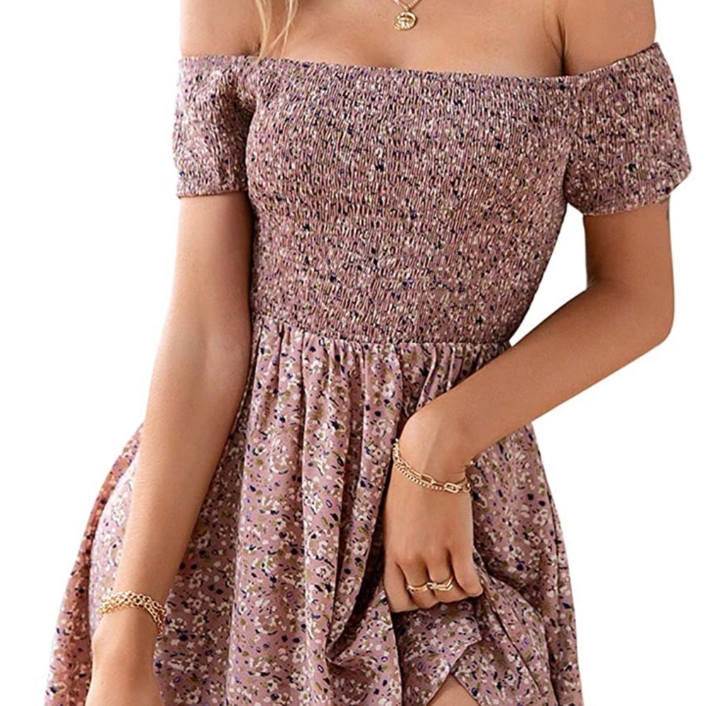 Women's Vintage Off Shoulder High Waist Floral Print Beach Mini Dress